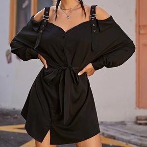 SHEIN Button Front Belted Dress Black